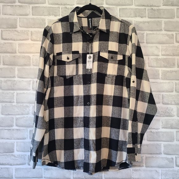 Burnside B8210 Yarn-Dyed Long Sleeve Flannel Mens Medium Black White NWT - Picture 1 of 9